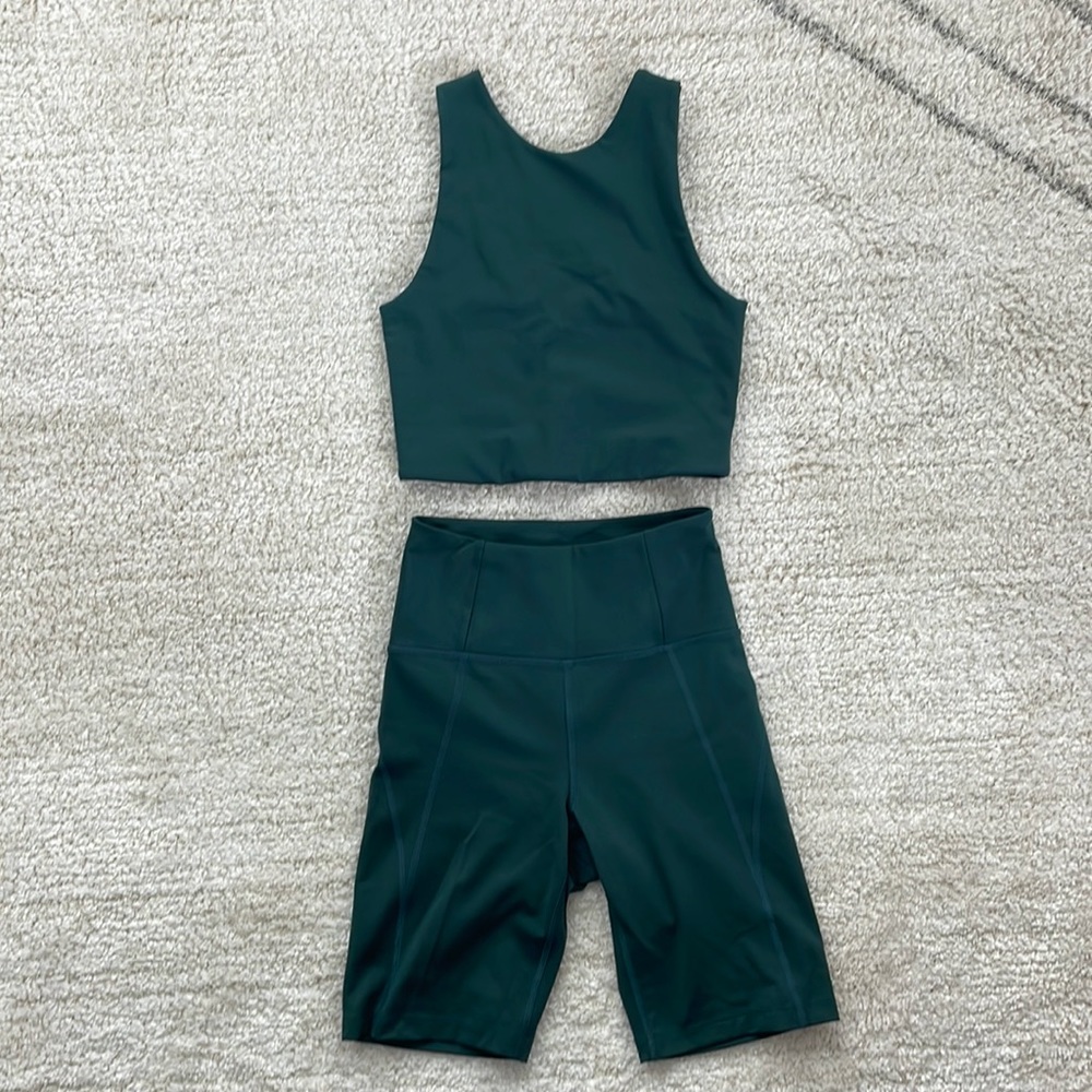 Girlfriend Collective matching set // Dylan Bra & High-Rise Bike Short in Moss